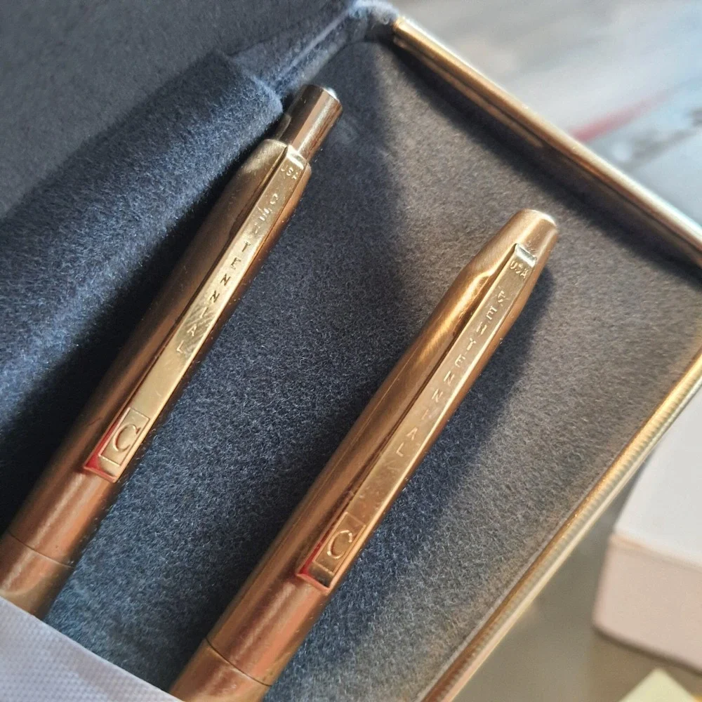 Vintage Centennial Gold-Tone Pen & Mechanical Pencil Set in Gray Velvet Case NOS